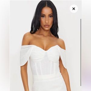 White Linen Look Bardot Draped Bust Corset Bodice Bodysuit